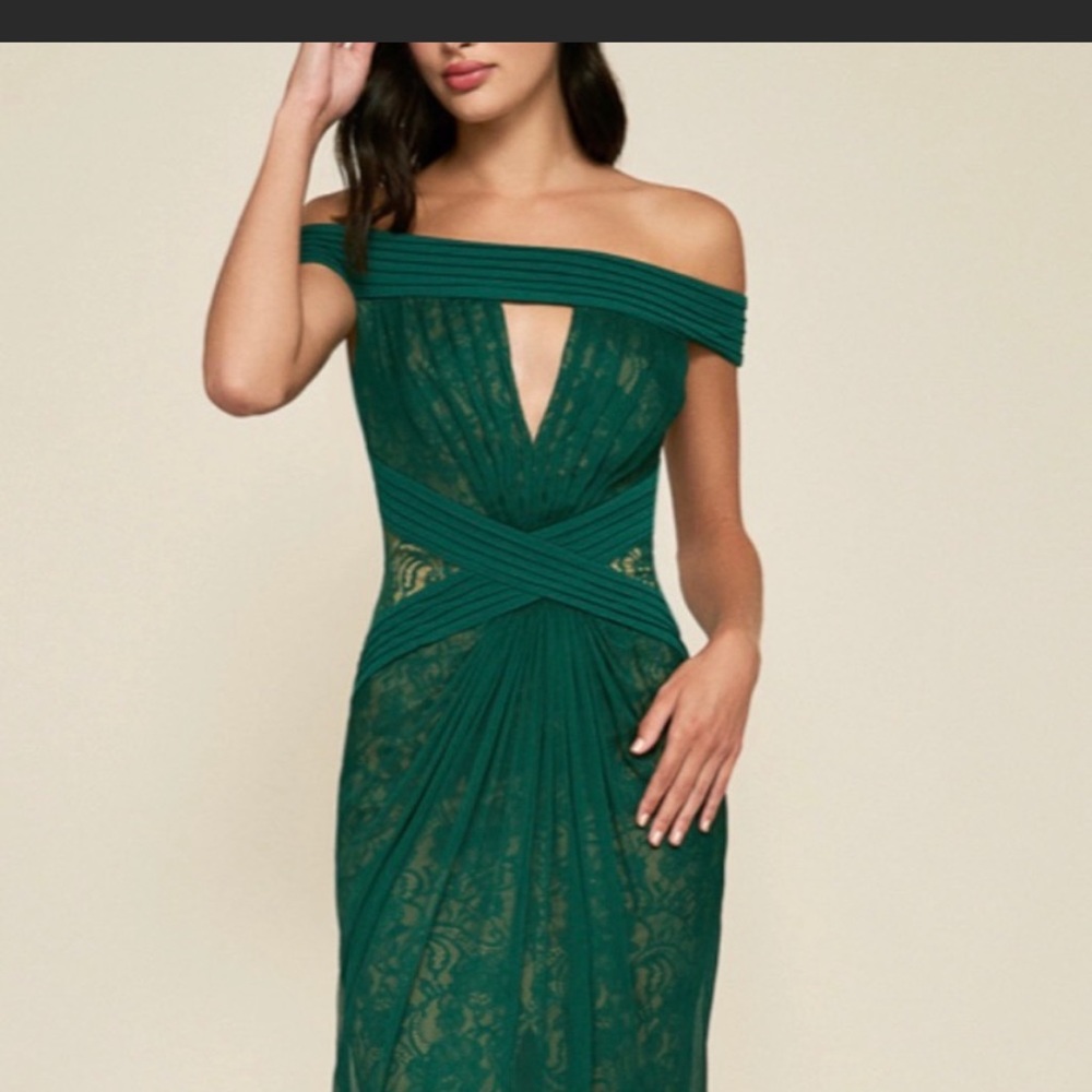 Tadashi Green off shoulder lace chiffon column gown new with tags